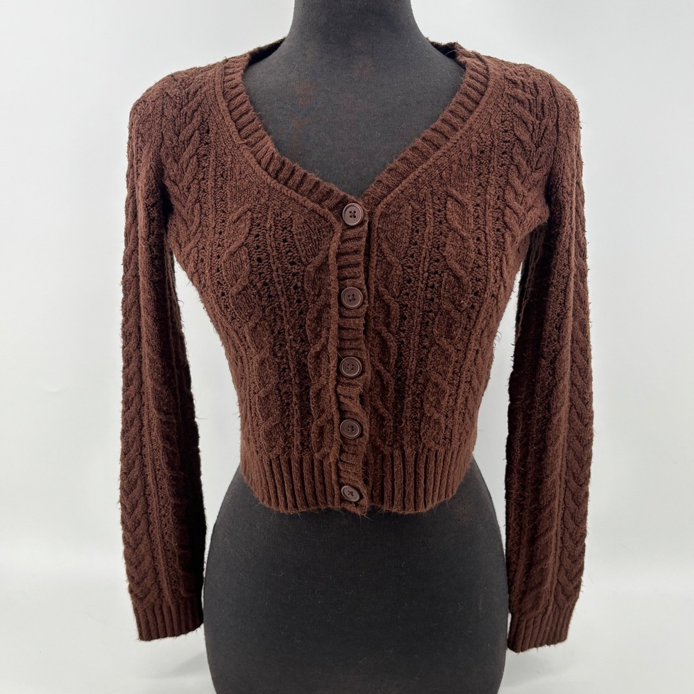 VTG American Eagle Brown Cable Knit Cropped Cardigan Sweater Womens XS V-Neck